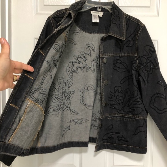 Coldwater Creek Cotton Embroidered Beaded Buttoned Pockets Black Denim Jacket MP - Picture 7 of 13